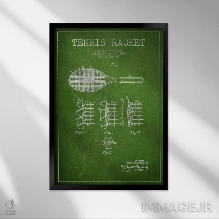 تابلو نقشهٔ ثبت اختراع راکت تنیس (سبز) اثر پیکسل کهنه (استودیو/نام هنری) - نمای قابدار مشکی