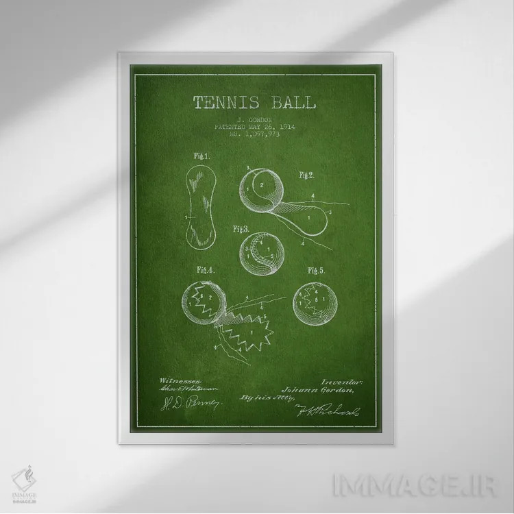 تابلو نقشهٔ ثبت اختراع توپ تنیس (سبز) اثر پیکسل کهنه (استودیو/نام هنری) - نمای قابدار سفید