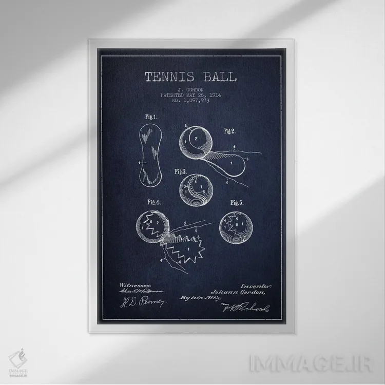 تابلو نقشهٔ ثبت اختراع توپ تنیس (آبی نفتی) اثر پیکسل کهنه (استودیو/نام هنری) - نمای قابدار سفید