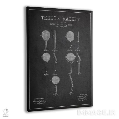 تابلو نقشهٔ ثبت اختراع راکت تنیس (زغالی) اثر پیکسل کهنه (استودیو/نام هنری) - نمای پرسپکتیو محصول