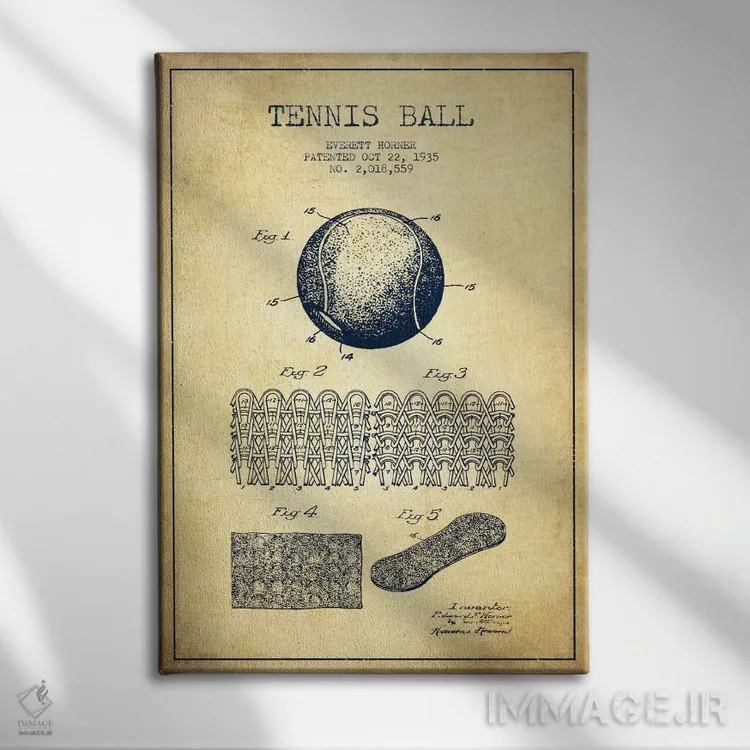 تابلو نقشهٔ ثبت اختراع قدیمی توپ تنیس اثر پیکسل کهنه (استودیو/نام هنری) - نمای روبهرو روی دیوار