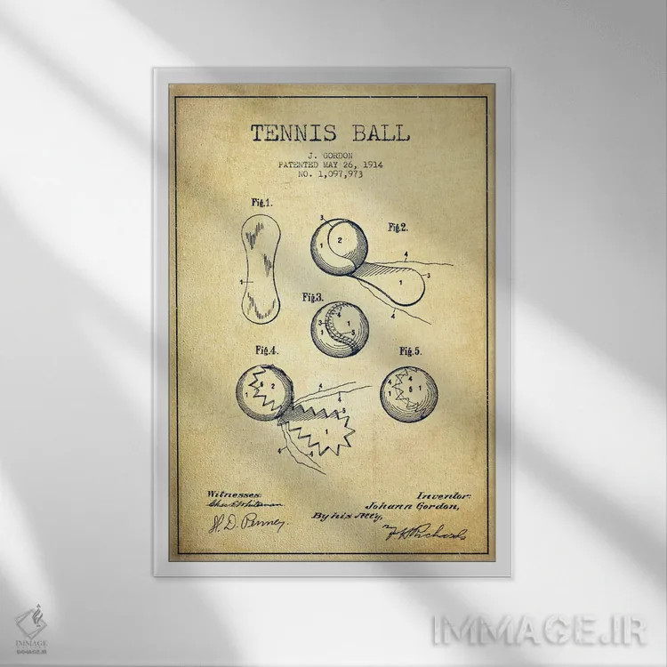 تابلو نقشهٔ ثبت اختراع قدیمی توپ تنیس اثر پیکسل کهنه (استودیو/نام هنری) - نمای قابدار سفید