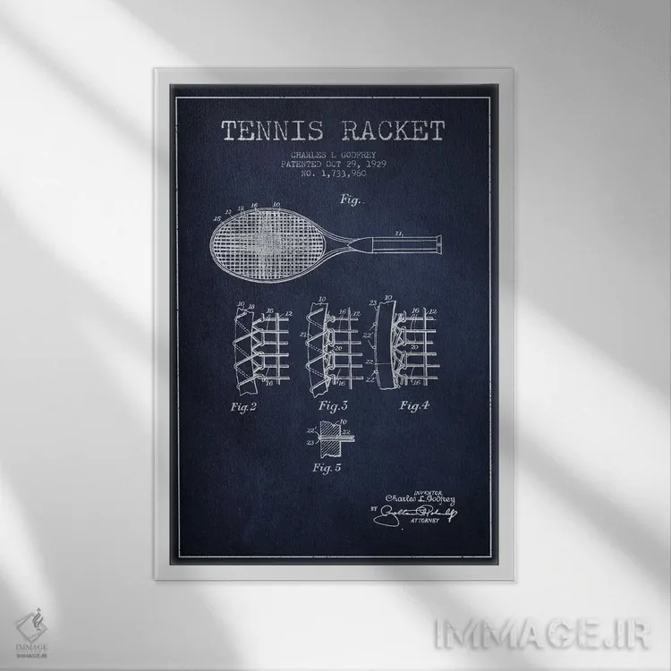 تابلو نقشهٔ ثبت اختراع راکت تنیس (آبی نفتی) اثر پیکسل کهنه (استودیو/نام هنری) - نمای قابدار سفید