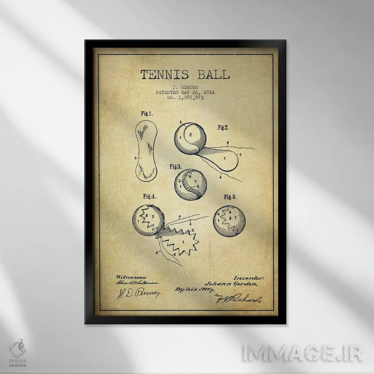 تابلو نقشهٔ ثبت اختراع قدیمی توپ تنیس اثر پیکسل کهنه (استودیو/نام هنری) - نمای قابدار مشکی