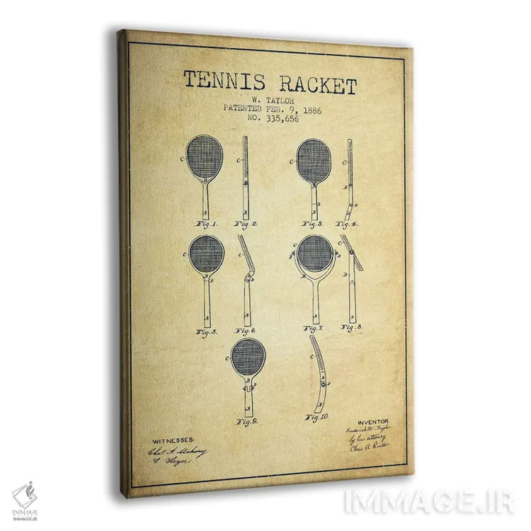 تابلو نقشهٔ ثبت اختراع قدیمی راکت تنیس اثر پیکسل کهنه (استودیو/نام هنری) - نمای پرسپکتیو محصول