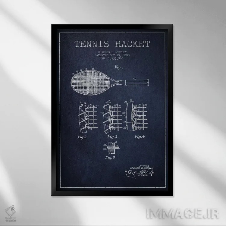 تابلو نقشهٔ ثبت اختراع راکت تنیس (آبی نفتی) اثر پیکسل کهنه (استودیو/نام هنری) - نمای قابدار مشکی