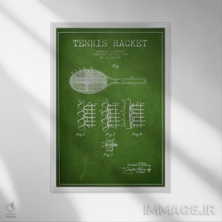 تابلو نقشهٔ ثبت اختراع راکت تنیس (سبز) اثر پیکسل کهنه (استودیو/نام هنری) - نمای قابدار سفید