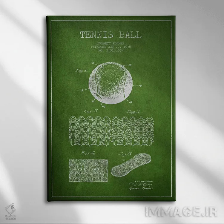 تابلو نقشهٔ ثبت اختراع توپ تنیس (سبز) اثر پیکسل کهنه (استودیو/نام هنری) - نمای روبهرو روی دیوار