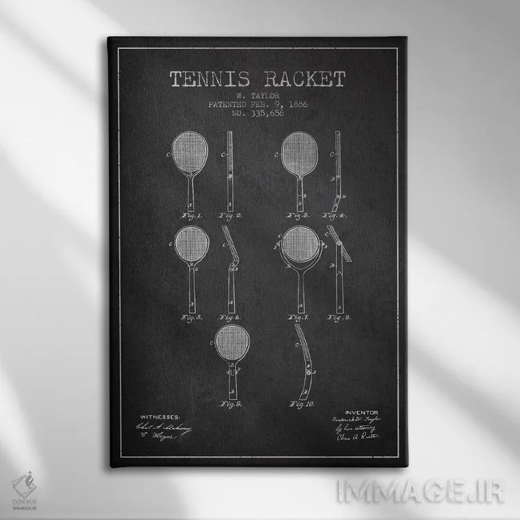تابلو نقشهٔ ثبت اختراع راکت تنیس (زغالی) اثر پیکسل کهنه (استودیو/نام هنری) - نمای روبهرو روی دیوار