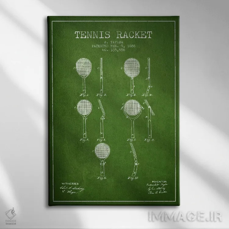 تابلو نقشهٔ ثبت اختراع راکت تنیس (سبز) اثر پیکسل کهنه (استودیو/نام هنری) - نمای روبهرو روی دیوار