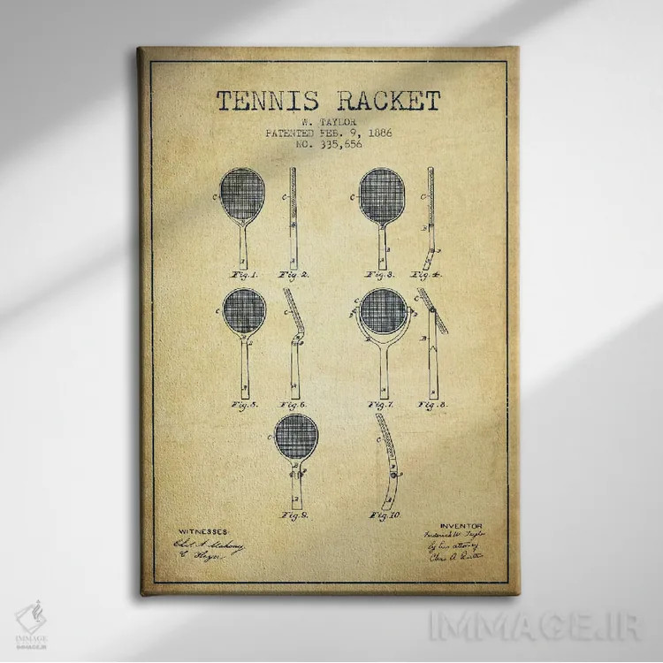 تابلو نقشهٔ ثبت اختراع قدیمی راکت تنیس اثر پیکسل کهنه (استودیو/نام هنری) - نمای روبهرو روی دیوار