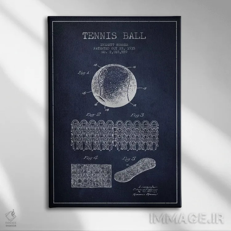 تابلو نقشهٔ ثبت اختراع توپ تنیس (آبی نفتی) اثر پیکسل کهنه (استودیو/نام هنری) - نمای روبهرو روی دیوار