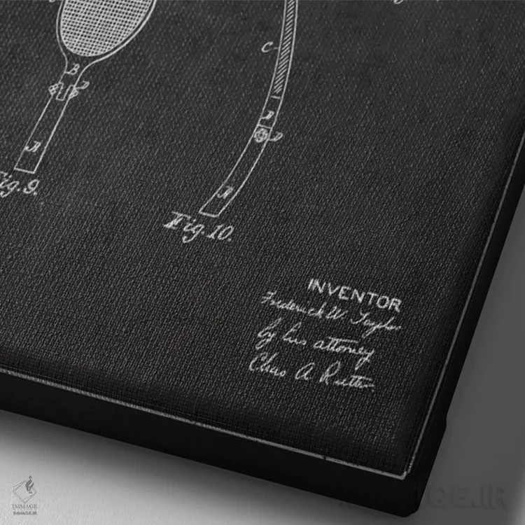 تابلو نقشهٔ ثبت اختراع راکت تنیس (زغالی) اثر پیکسل کهنه (استودیو/نام هنری) - نمای نزدیک بافت بوم