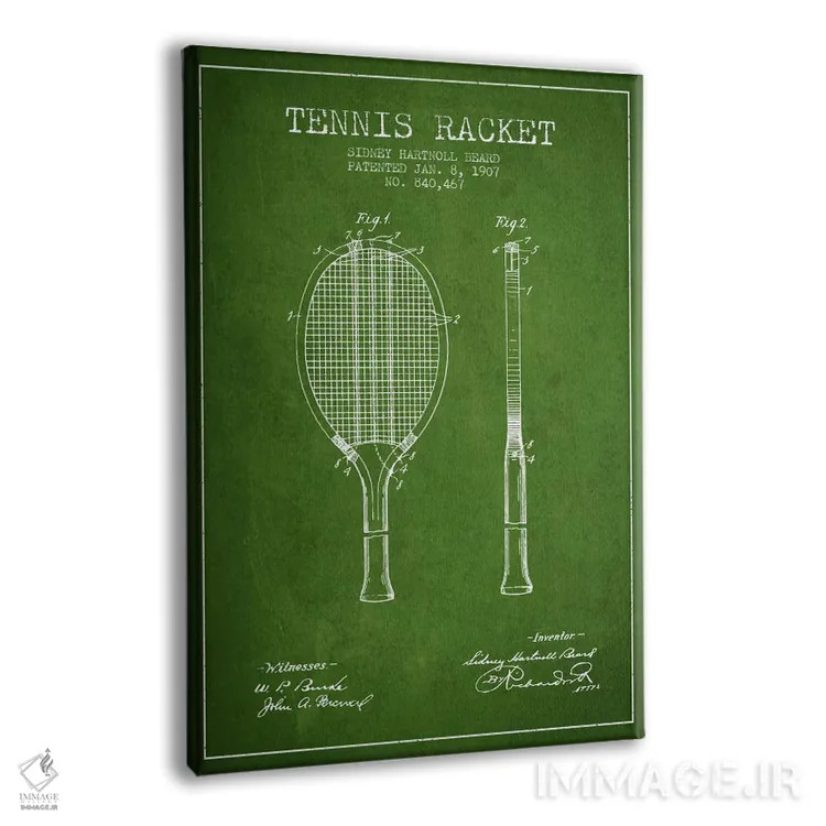 تابلو نقشهٔ ثبت اختراع راکت تنیس (سبز) اثر پیکسل کهنه (استودیو/نام هنری) - نمای پرسپکتیو محصول