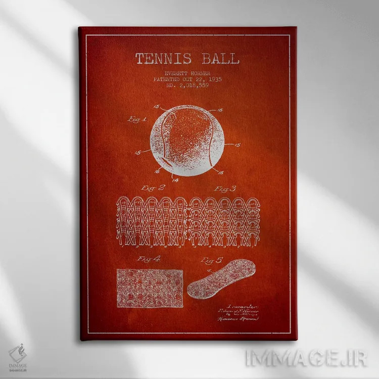تابلو نقشهٔ ثبت اختراع توپ تنیس (قرمز) اثر پیکسل کهنه (استودیو/نام هنری) - نمای روبهرو روی دیوار