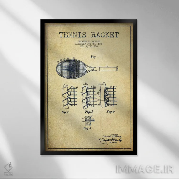 تابلو نقشهٔ ثبت اختراع قدیمی راکت تنیس اثر پیکسل کهنه (استودیو/نام هنری) - نمای قابدار مشکی
