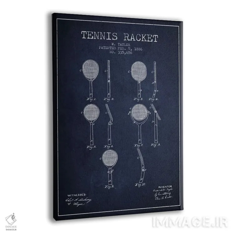 تابلو نقشهٔ ثبت اختراع راکت تنیس (آبی نفتی) اثر پیکسل کهنه (استودیو/نام هنری) - نمای پرسپکتیو محصول