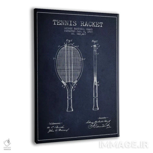 تابلو نقشهٔ ثبت اختراع راکت تنیس (آبی نفتی) اثر پیکسل کهنه (استودیو/نام هنری) - نمای پرسپکتیو محصول