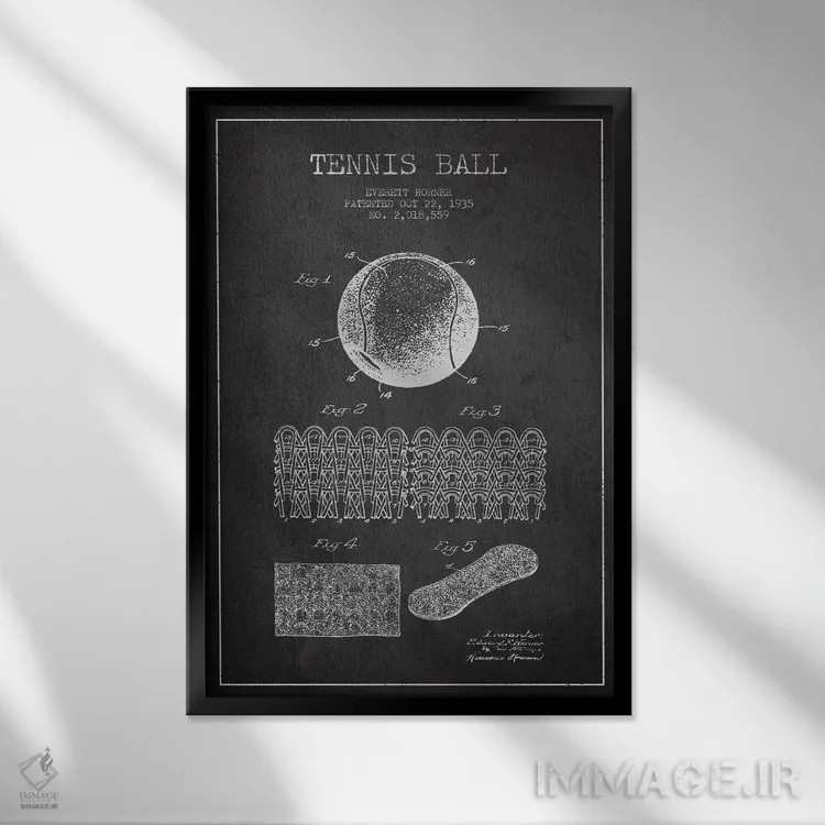 تابلو نقشهٔ ثبت اختراع توپ تنیس (زغالی) اثر پیکسل کهنه (استودیو/نام هنری) - نمای قابدار مشکی