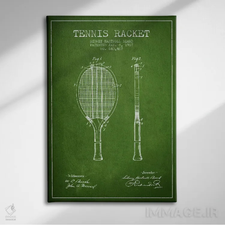 تابلو نقشهٔ ثبت اختراع راکت تنیس (سبز) اثر پیکسل کهنه (استودیو/نام هنری) - نمای روبهرو روی دیوار