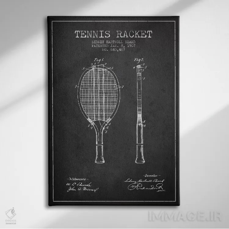 تابلو نقشهٔ ثبت اختراع راکت تنیس (زغالی) اثر پیکسل کهنه (استودیو/نام هنری) - نمای روبهرو روی دیوار