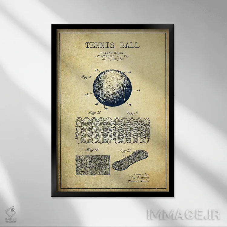 تابلو نقشهٔ ثبت اختراع قدیمی توپ تنیس اثر پیکسل کهنه (استودیو/نام هنری) - نمای قابدار مشکی