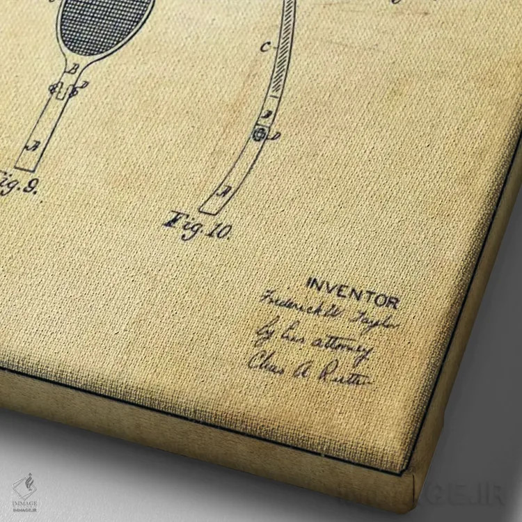 تابلو نقشهٔ ثبت اختراع قدیمی راکت تنیس اثر پیکسل کهنه (استودیو/نام هنری) - نمای نزدیک بافت بوم