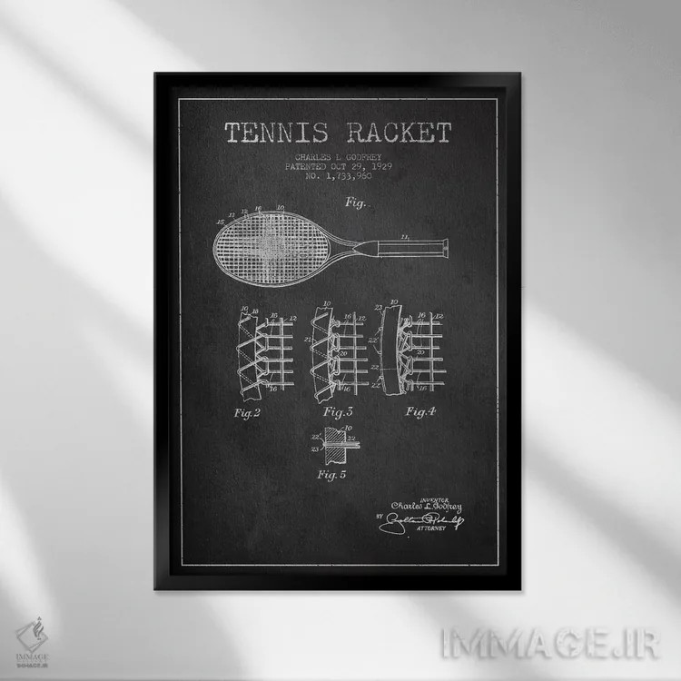 تابلو نقشهٔ ثبت اختراع راکت تنیس (زغالی) اثر پیکسل کهنه (استودیو/نام هنری) - نمای قابدار مشکی