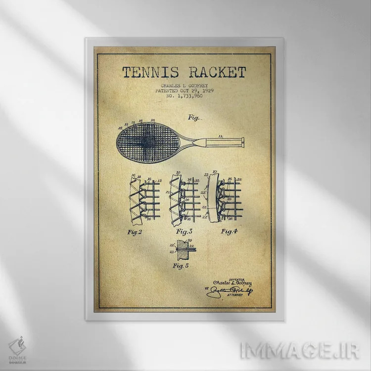 تابلو نقشهٔ ثبت اختراع قدیمی راکت تنیس اثر پیکسل کهنه (استودیو/نام هنری) - نمای قابدار سفید