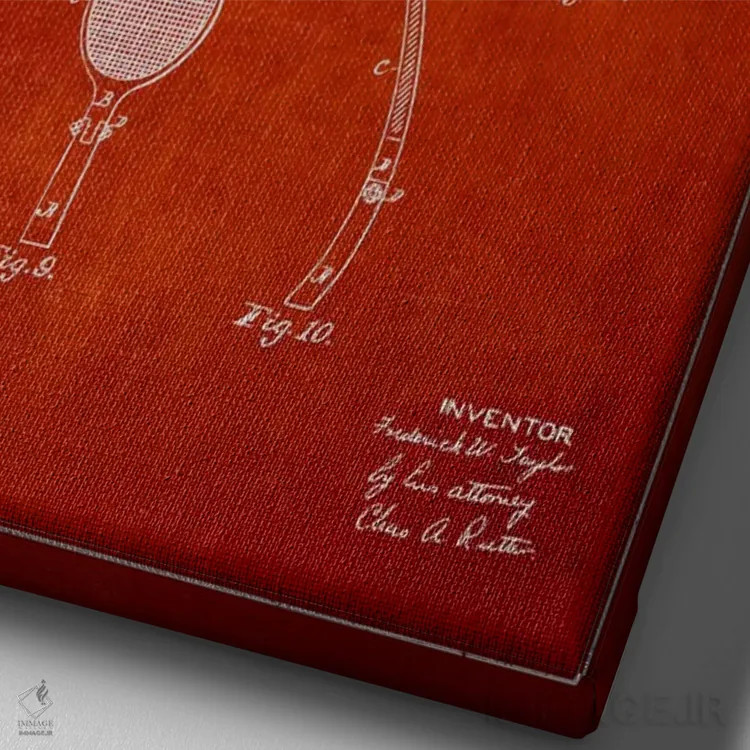 تابلو نقشهٔ ثبت اختراع راکت تنیس (قرمز) اثر پیکسل کهنه (استودیو/نام هنری) - نمای نزدیک بافت بوم