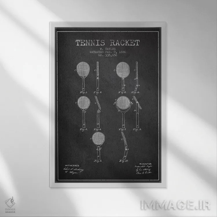 تابلو نقشهٔ ثبت اختراع راکت تنیس (زغالی) اثر پیکسل کهنه (استودیو/نام هنری) - نمای قابدار سفید