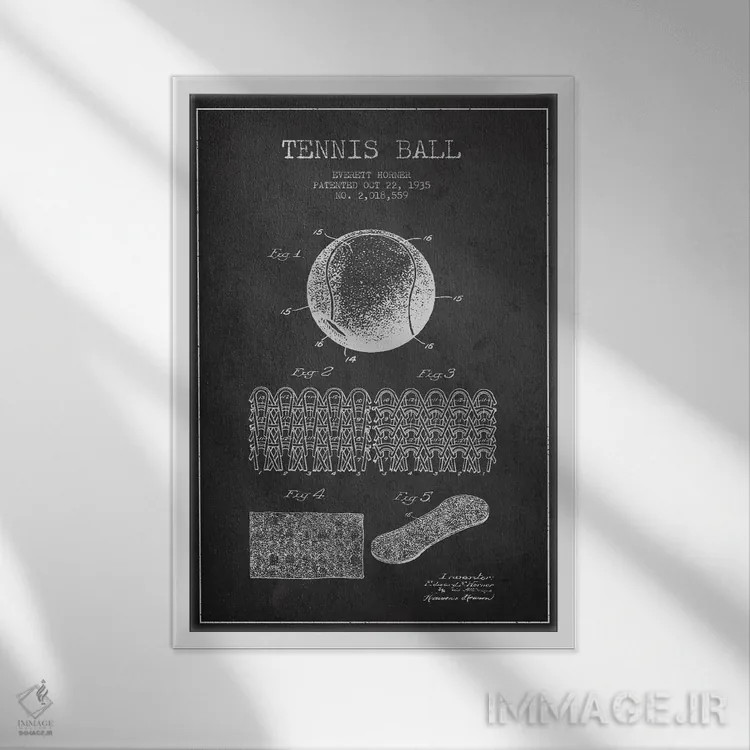 تابلو نقشهٔ ثبت اختراع توپ تنیس (زغالی) اثر پیکسل کهنه (استودیو/نام هنری) - نمای قابدار سفید