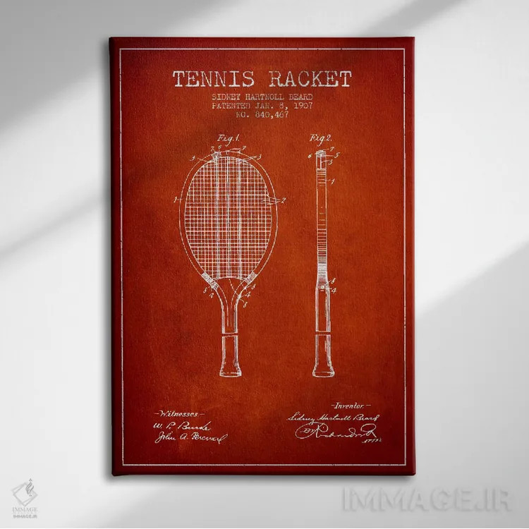 تابلو نقشهٔ ثبت اختراع راکت تنیس (قرمز) اثر پیکسل کهنه (استودیو/نام هنری) - نمای روبهرو روی دیوار