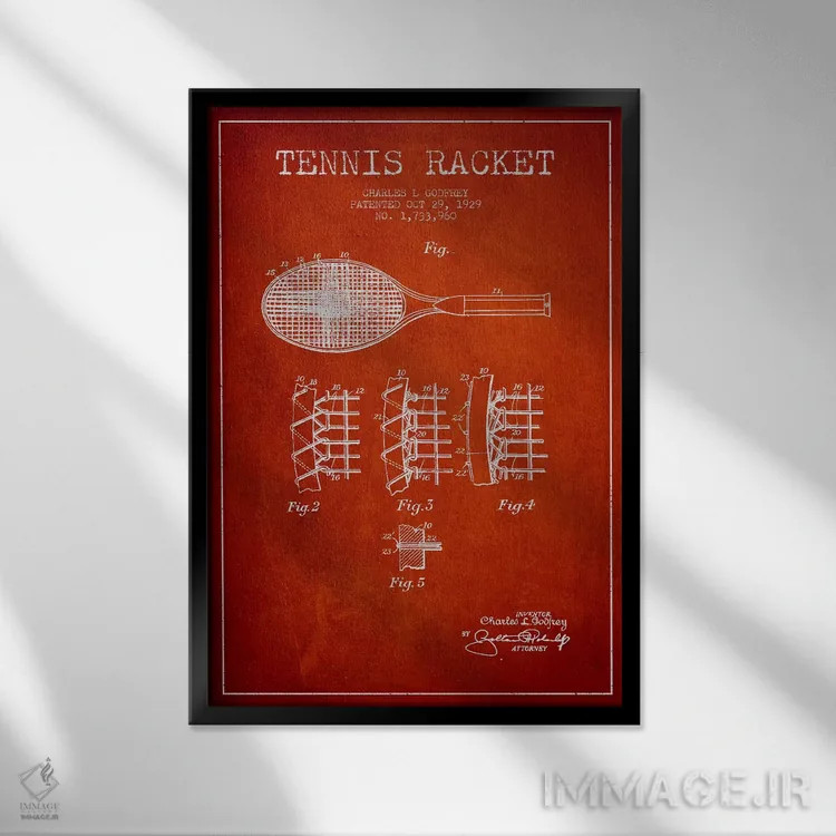 تابلو نقشهٔ ثبت اختراع راکت تنیس (قرمز) اثر پیکسل کهنه (استودیو/نام هنری) - نمای قابدار مشکی