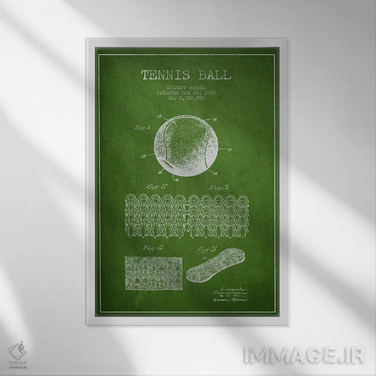 تابلو نقشهٔ ثبت اختراع توپ تنیس (سبز) اثر پیکسل کهنه (استودیو/نام هنری) - نمای قابدار سفید