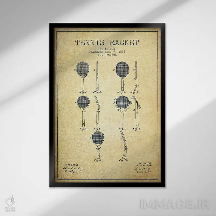 تابلو نقشهٔ ثبت اختراع قدیمی راکت تنیس اثر پیکسل کهنه (استودیو/نام هنری) - نمای قابدار مشکی