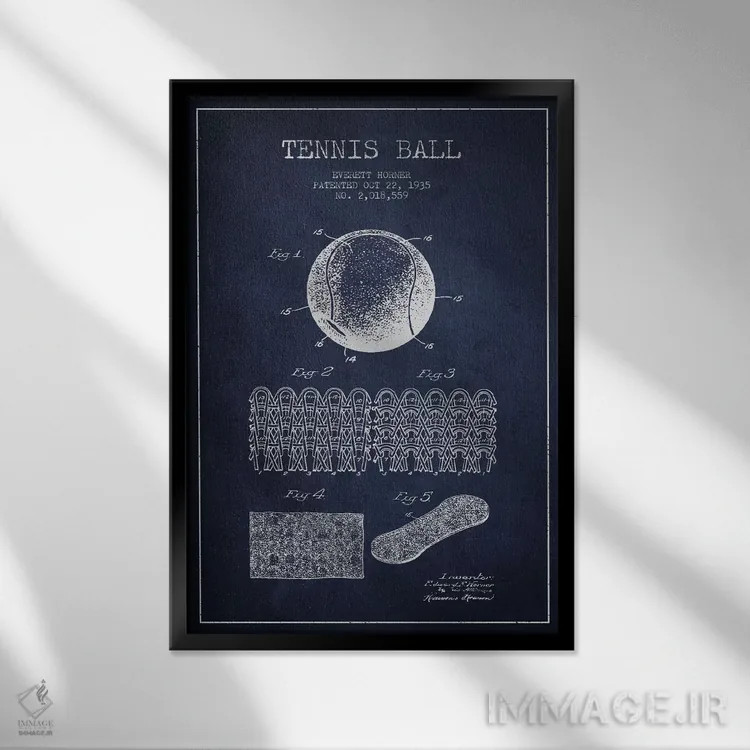 تابلو نقشهٔ ثبت اختراع توپ تنیس (آبی نفتی) اثر پیکسل کهنه (استودیو/نام هنری) - نمای قابدار مشکی