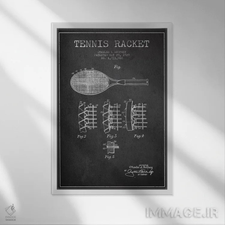 تابلو نقشهٔ ثبت اختراع راکت تنیس (زغالی) اثر پیکسل کهنه (استودیو/نام هنری) - نمای قابدار سفید