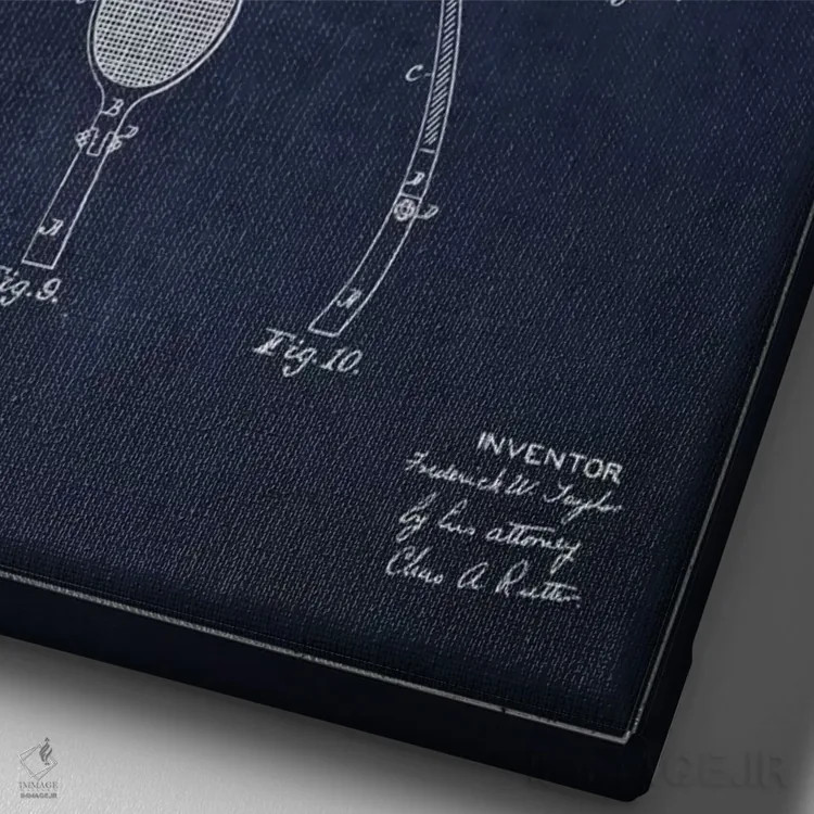 تابلو نقشهٔ ثبت اختراع راکت تنیس (آبی نفتی) اثر پیکسل کهنه (استودیو/نام هنری) - نمای نزدیک بافت بوم