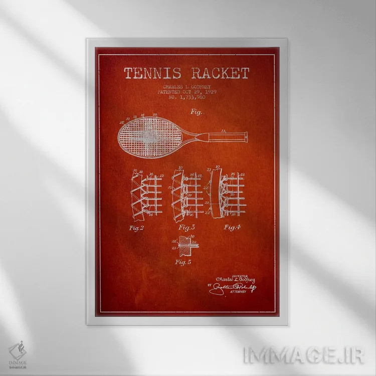 تابلو نقشهٔ ثبت اختراع راکت تنیس (قرمز) اثر پیکسل کهنه (استودیو/نام هنری) - نمای قابدار سفید