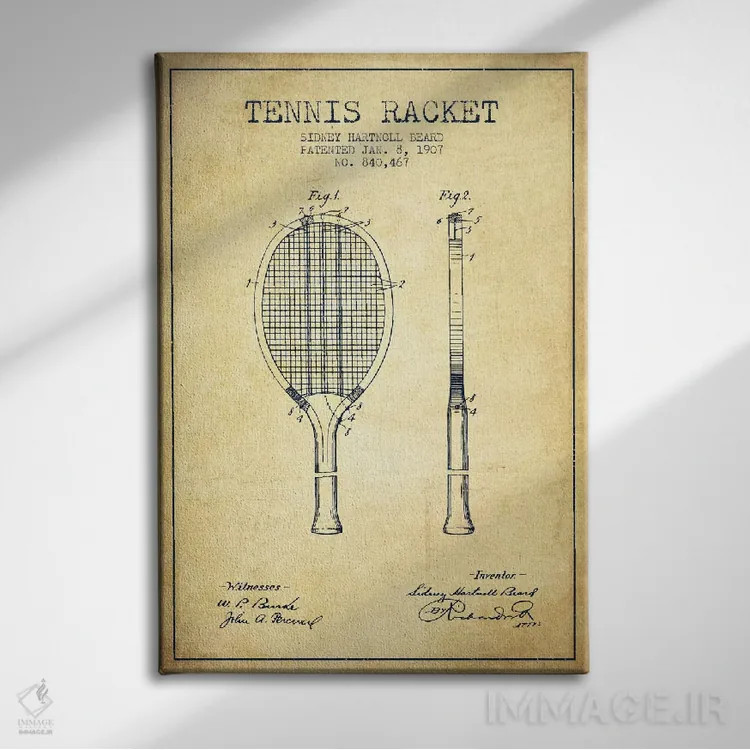 تابلو نقشهٔ ثبت اختراع قدیمی راکت تنیس اثر پیکسل کهنه (استودیو/نام هنری) - نمای روبهرو روی دیوار