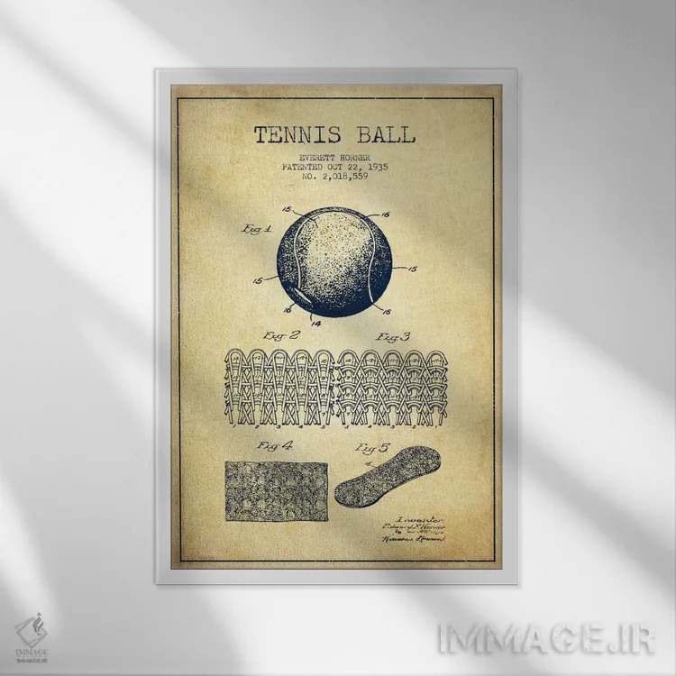 تابلو نقشهٔ ثبت اختراع قدیمی توپ تنیس اثر پیکسل کهنه (استودیو/نام هنری) - نمای قابدار سفید