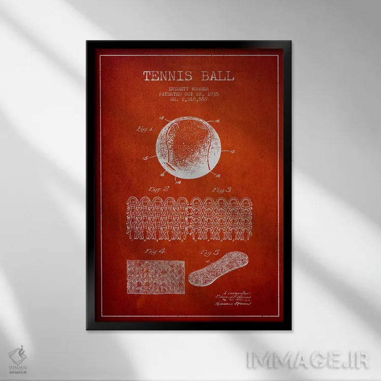 تابلو نقشهٔ ثبت اختراع توپ تنیس (قرمز) اثر پیکسل کهنه (استودیو/نام هنری) - نمای قابدار مشکی