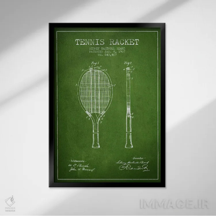 تابلو نقشهٔ ثبت اختراع راکت تنیس (سبز) اثر پیکسل کهنه (استودیو/نام هنری) - نمای قابدار مشکی