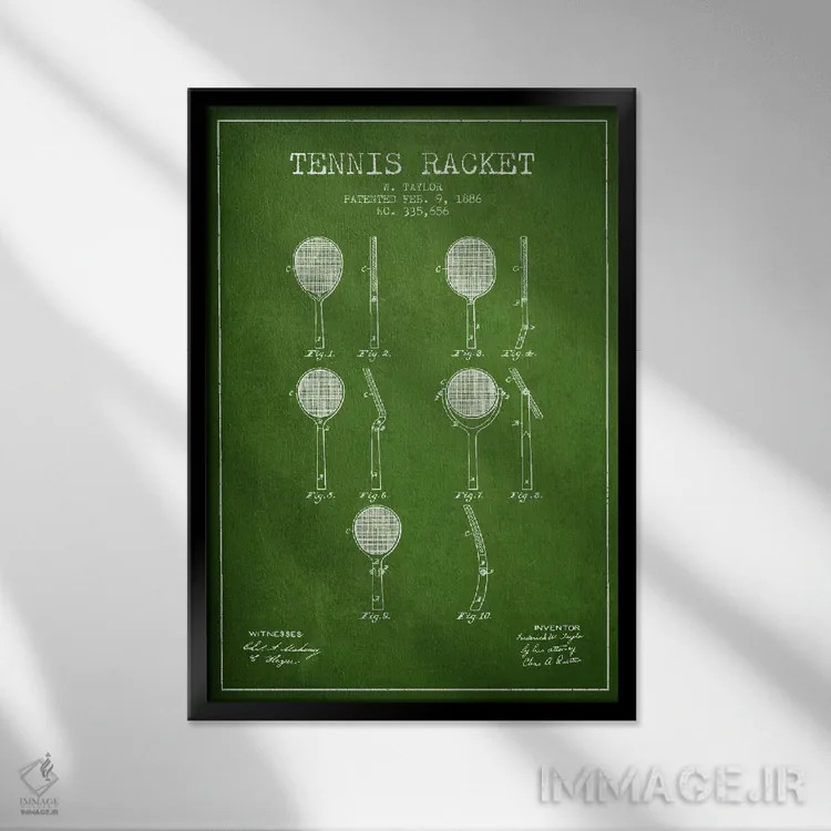 تابلو نقشهٔ ثبت اختراع راکت تنیس (سبز) اثر پیکسل کهنه (استودیو/نام هنری) - نمای قابدار مشکی