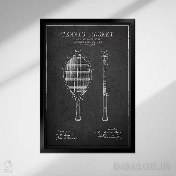 تابلو نقشهٔ ثبت اختراع راکت تنیس (زغالی) اثر پیکسل کهنه (استودیو/نام هنری) - نمای قابدار مشکی