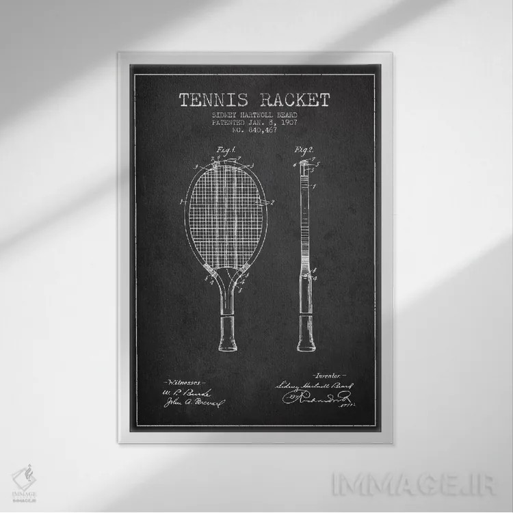 تابلو نقشهٔ ثبت اختراع راکت تنیس (زغالی) اثر پیکسل کهنه (استودیو/نام هنری) - نمای قابدار سفید