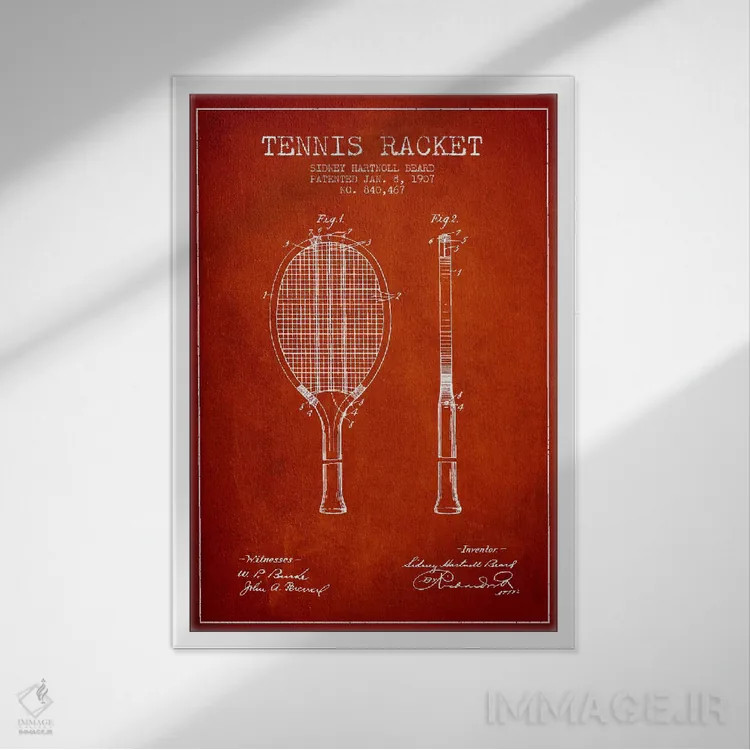 تابلو نقشهٔ ثبت اختراع راکت تنیس (قرمز) اثر پیکسل کهنه (استودیو/نام هنری) - نمای قابدار سفید