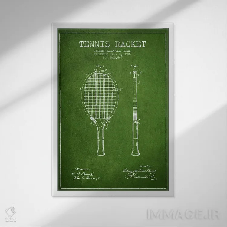 تابلو نقشهٔ ثبت اختراع راکت تنیس (سبز) اثر پیکسل کهنه (استودیو/نام هنری) - نمای قابدار سفید