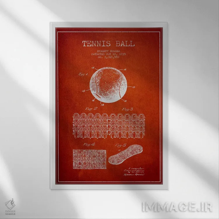 تابلو نقشهٔ ثبت اختراع توپ تنیس (قرمز) اثر پیکسل کهنه (استودیو/نام هنری) - نمای قابدار سفید